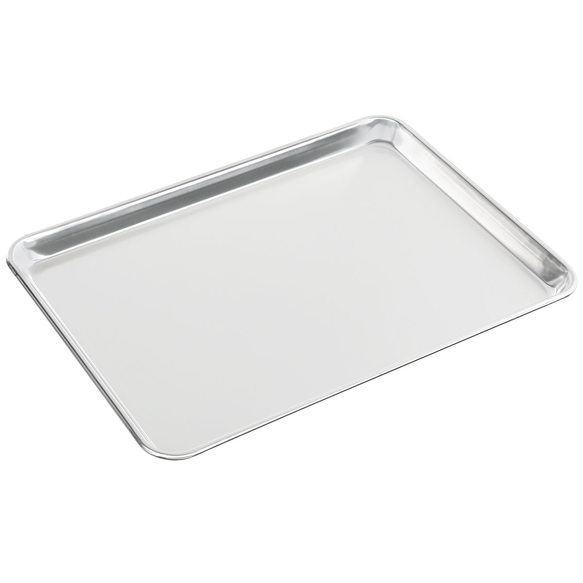 A rectangular, silver aluminum sheet pan with a raised edge on all sides, shown on a plain white background. The smooth, reflective half size surface is ideal for baking or roasting food items.