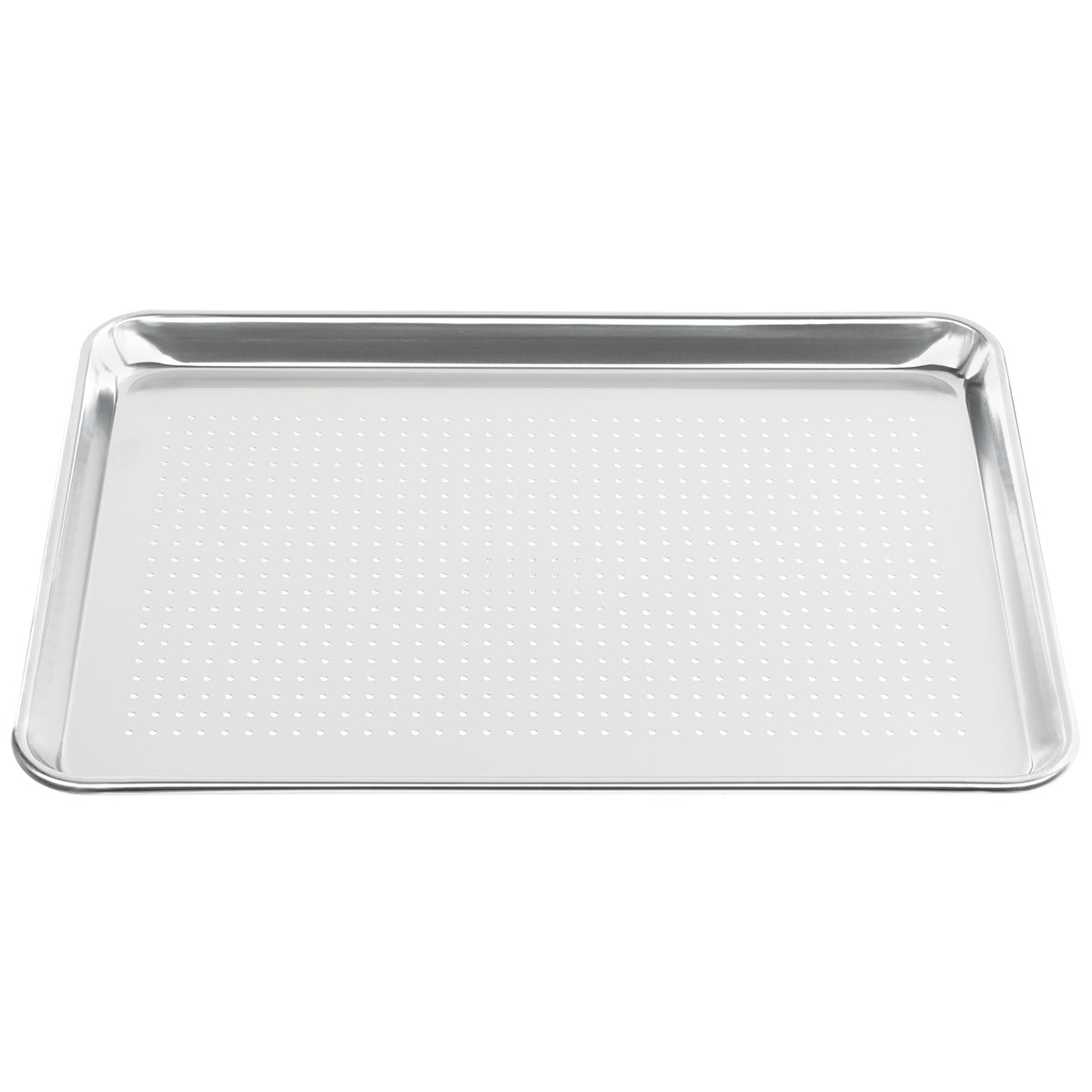 A rectangular aluminum sheet pan with raised edges and a flat, perforated surface. The perforations form a grid pattern, and the tray is empty, displayed against a white background.
