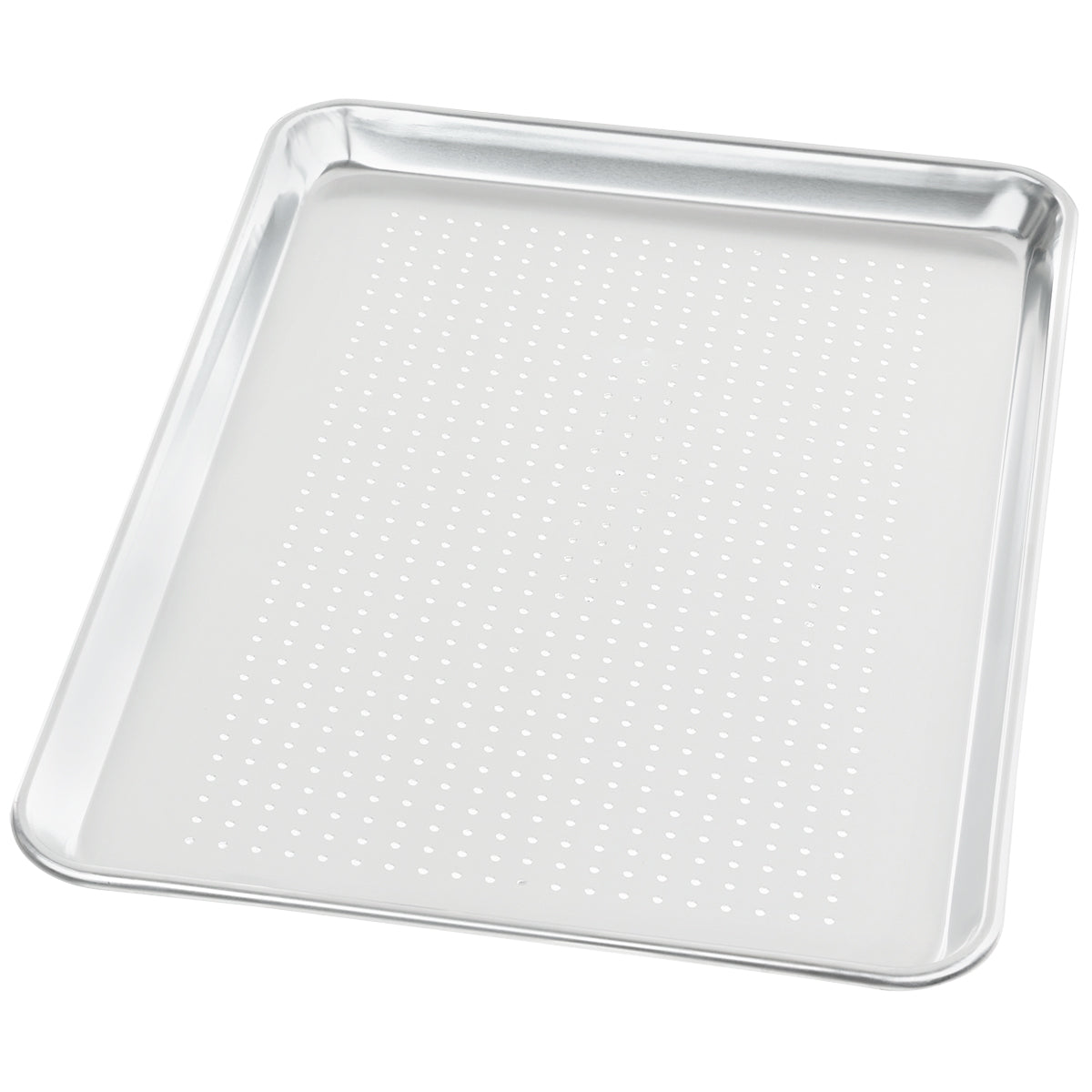 A rectangular, silver-colored aluminum sheet pan with perforated holes evenly distributed across its flat surface, and slightly raised, rounded edges on all sides. The tray appears clean and is set against a white background.