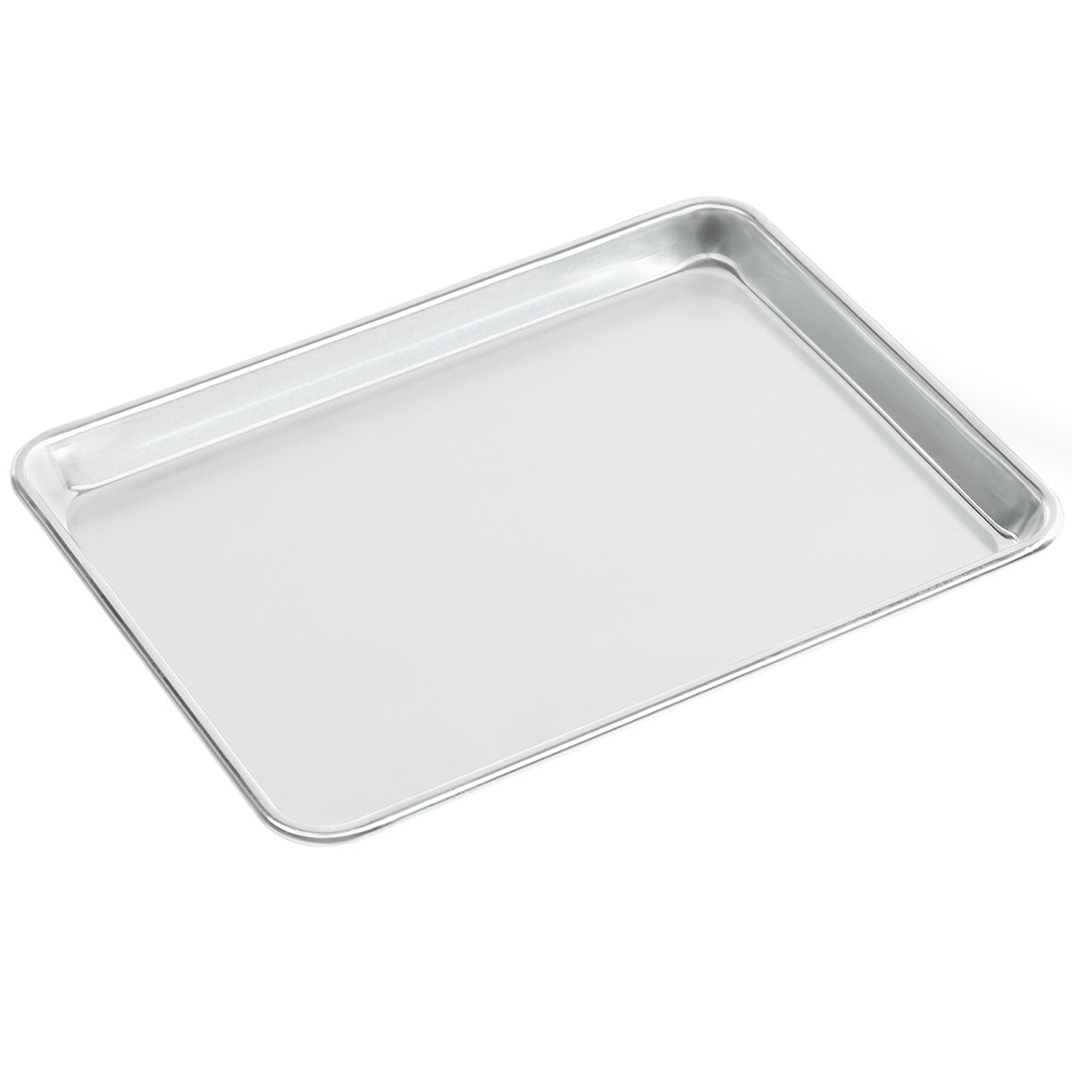 A plain, rectangular, 1/4 size aluminum bun sheet pan with raised edges on all sides sits empty on a white background. Its smooth, reflective surface and angled position highlight its depth and sturdy construction.