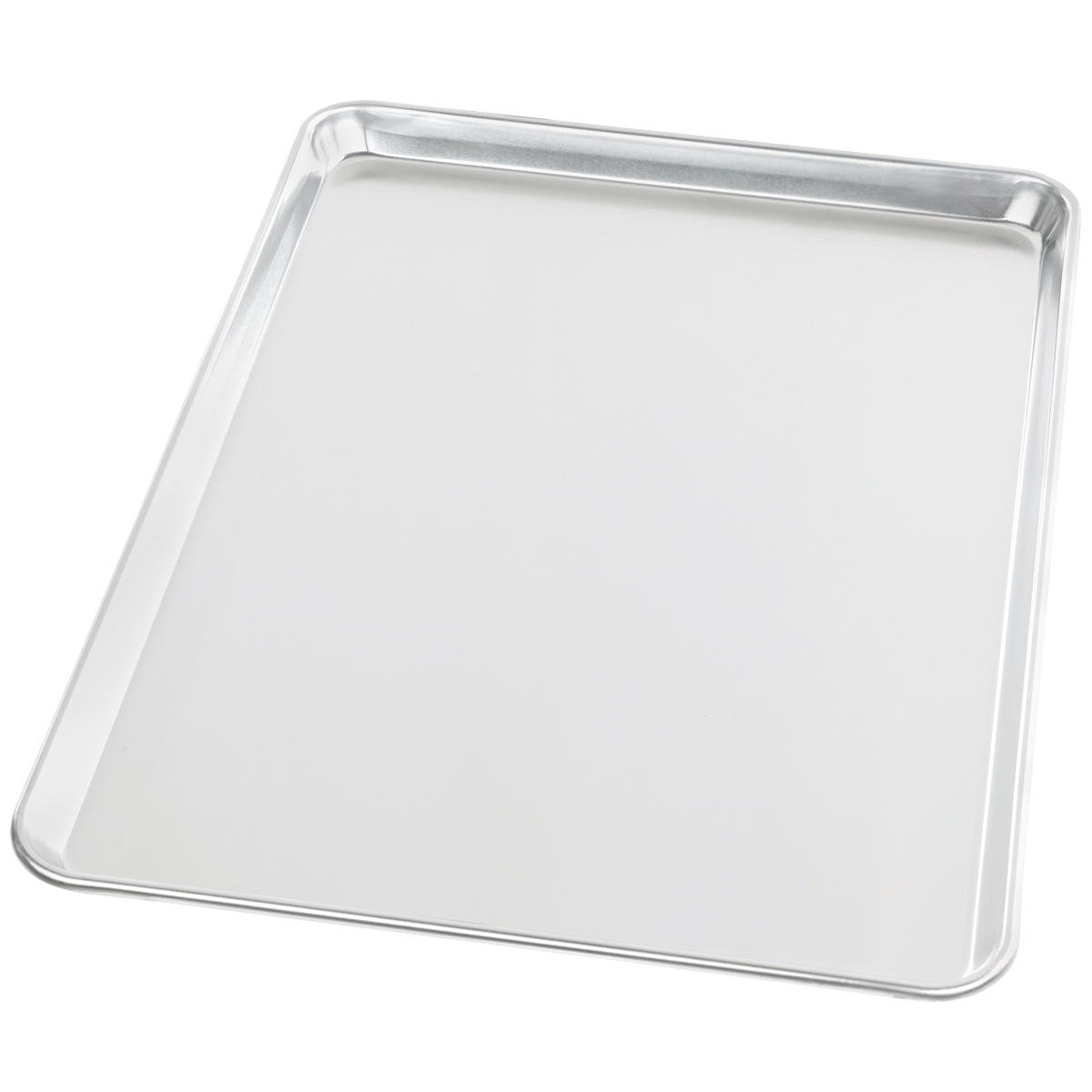 A rectangular, silver-colored bun sheet pan made from 19 gauge aluminum with slightly raised edges, shown on a white background. The smooth, reflective surface and rounded corners make it a chef approved choice for your kitchen.