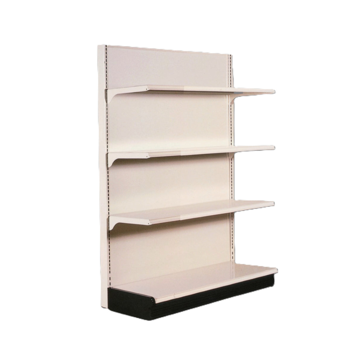 A beige metal wall shelving unit with four horizontal shelves is mounted against a matching back panel. The bottom shelf features a black front edge. Ideal for organizing spaces, this Kent Unlimited design stands out against the plain white background.