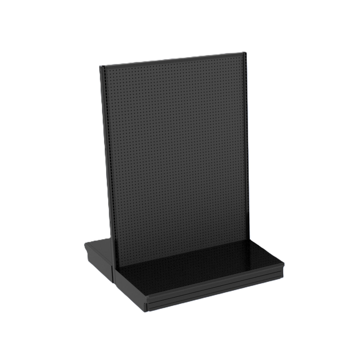 A black metal retail display rack with a perforated pegboard back panel, sturdy base, and flat shelf. This simple, industrial gondola design is ideal for adding hooks or retail shelving to showcase merchandise in-store. The background is white.