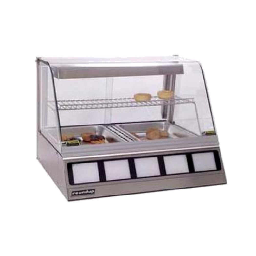 Antunes DCH-220 Heated Display Cabinet Holds (2) Full Size Pans 2-1/2" Deep Stainless Steel And Curved Tempered Glass Construction
