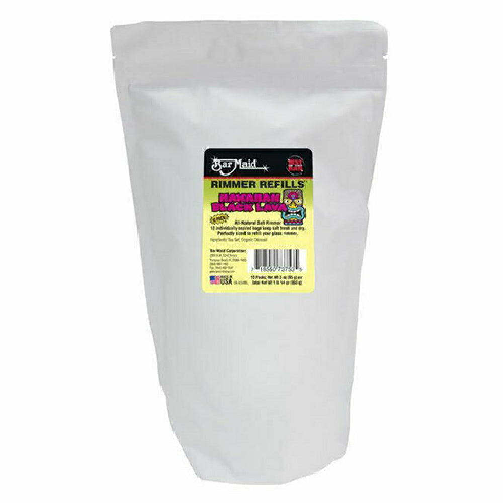 Bar Maid/Glass Pro CR-103HBL Refill Rimming Salt Hawaiian Black Lava. Case Contains 6 Resealable Pouches. Each Pouch Contains 10 2.5oz Single Use Pouches. Perfect For Glass Rimmers.