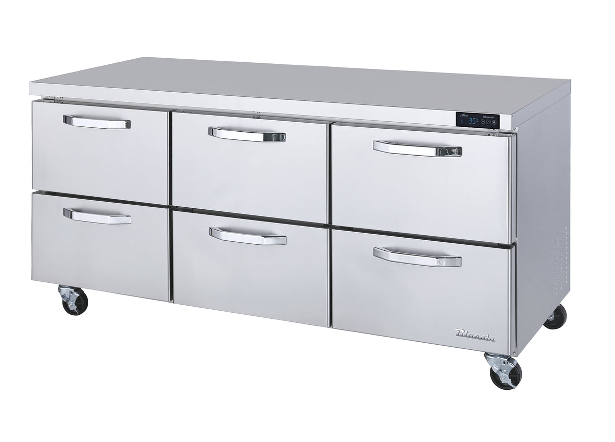 A large commercial three-section stainless steel Undercounter Refrigerator with six pull-out drawers on four wheels. It features a smooth top surface, a digital control panel on the top right, and sturdy horizontal handles on each drawer.