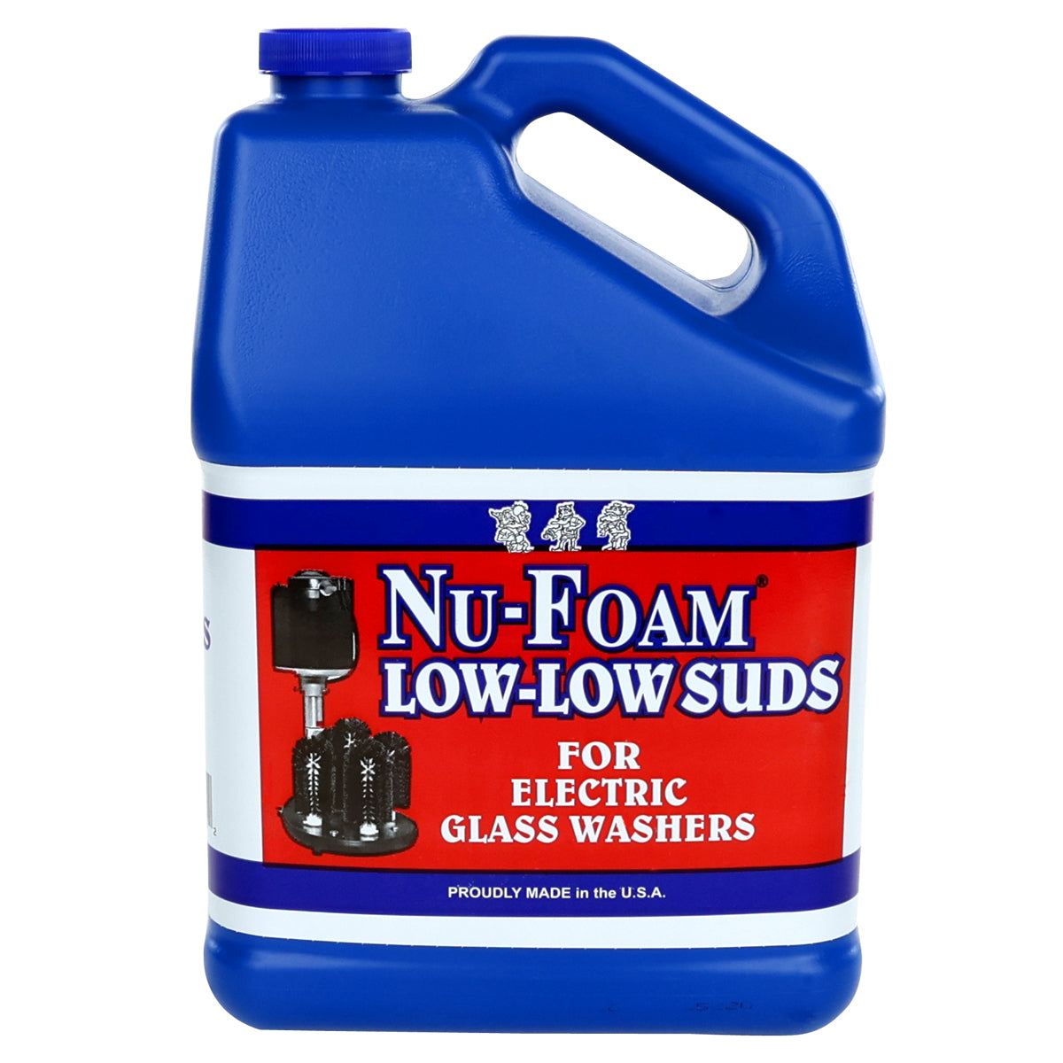 A blue plastic jug labeled Nu-Foam Low-Low Suds, a premium quality liquid detergent for underbar glass washing machines. The mostly red and white label with blue text features an image of a glass washer. Jug includes a screw cap and molded handle.