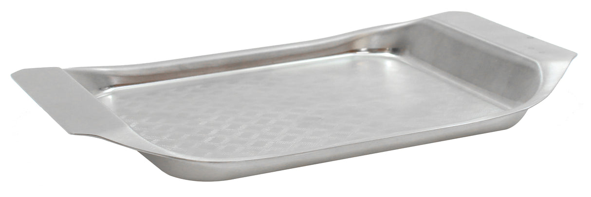 A rectangular, shallow stainless steel serving tray with slightly raised, angled sides and broad, flat handles on each end. The smooth, shiny surface features a subtle crisscross pattern, making it a stylish and dishwasher safe tray.