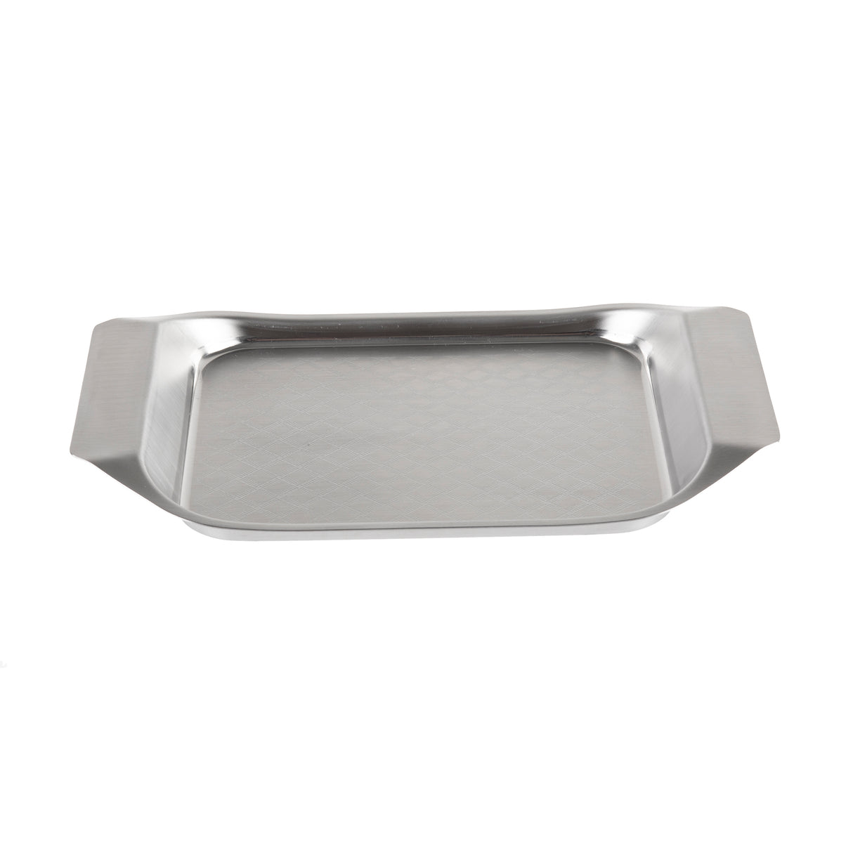 A rectangular stainless steel serving tray with slightly raised, angled edges and wide handles on both shorter sides. This dishwasher safe tray has a smooth, shiny surface and is photographed on a plain white background.