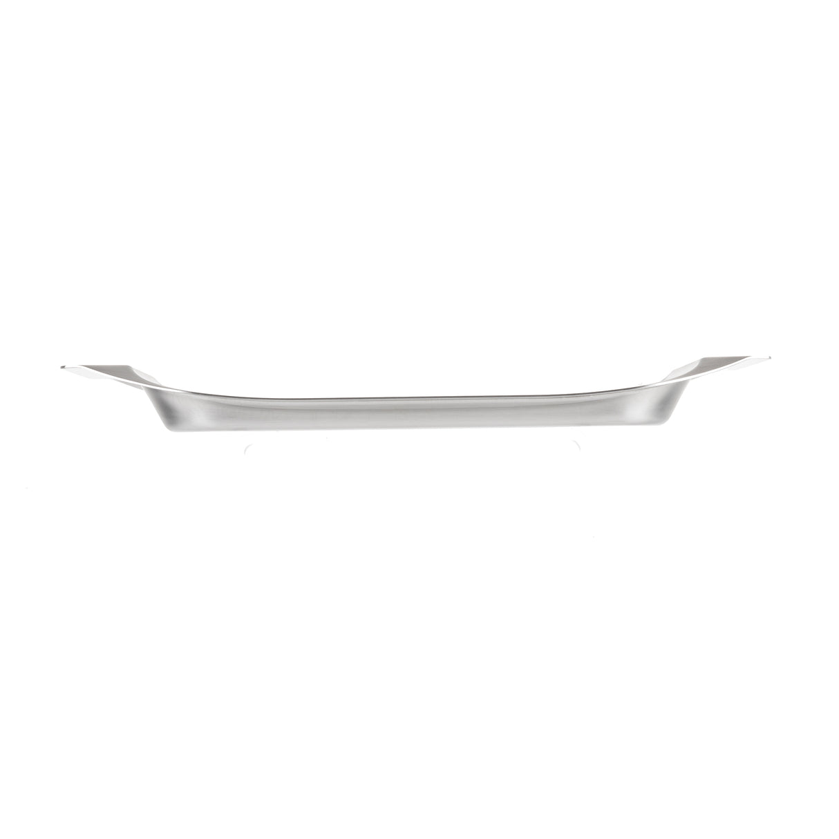 A silver, oval-shaped stainless steel serving tray is shown in a side profile against a white background. The tray has slightly upturned edges forming gentle handles, making it a sleek, minimalist, and dishwasher safe tray for any setting.