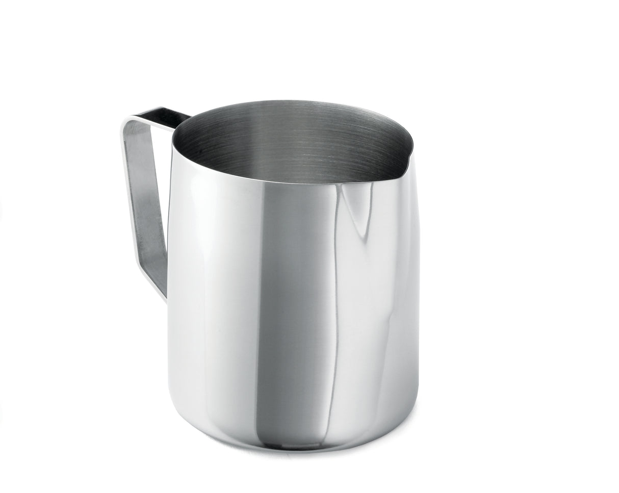 A stainless steel frothing cup with a wide, cylindrical body and flat base, featuring a sturdy angular handle. The shiny, reflective surface stands out against the plain white background. Dishwasher safe for easy cleaning.