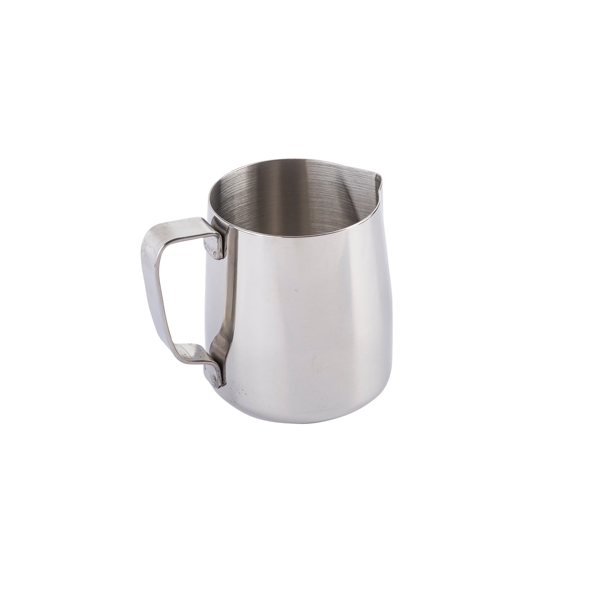 A stainless steel frothing cup with a spout and sturdy handle is pictured on a white background. The pitcher has a smooth, polished surface and curved body, designed for steaming milk or pouring latte art. It is also dishwasher safe.
