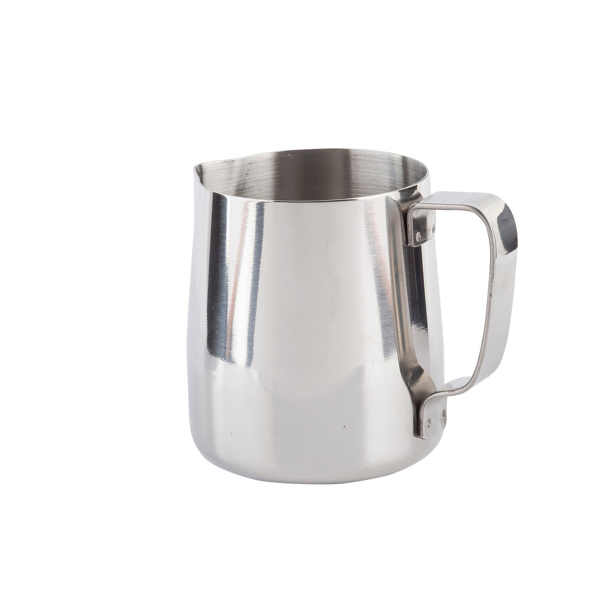 A shiny 14 oz stainless steel frothing cup with a wide body, angled spout, and sturdy handle sits on a plain white background. Its reflective surface and simple, functional design make it ideal for steaming milk in coffee making.