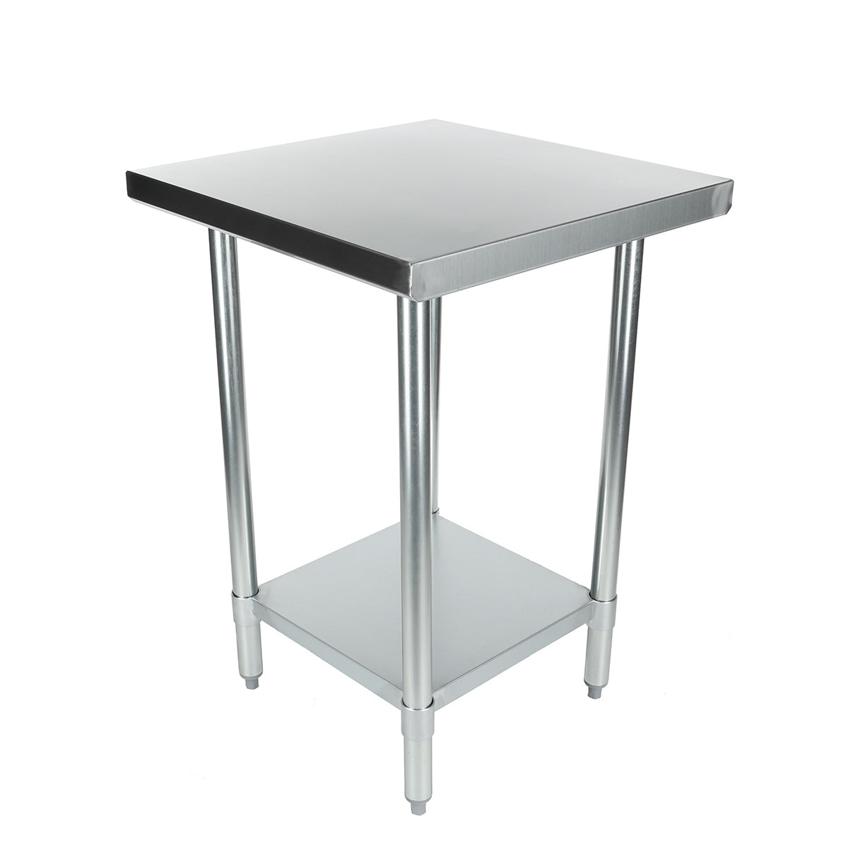 This NSF stainless steel work table features a square top, four round legs, and a lower flat shelf. Its simple, functional design includes a smooth metallic surface and adjustable feet for stability.