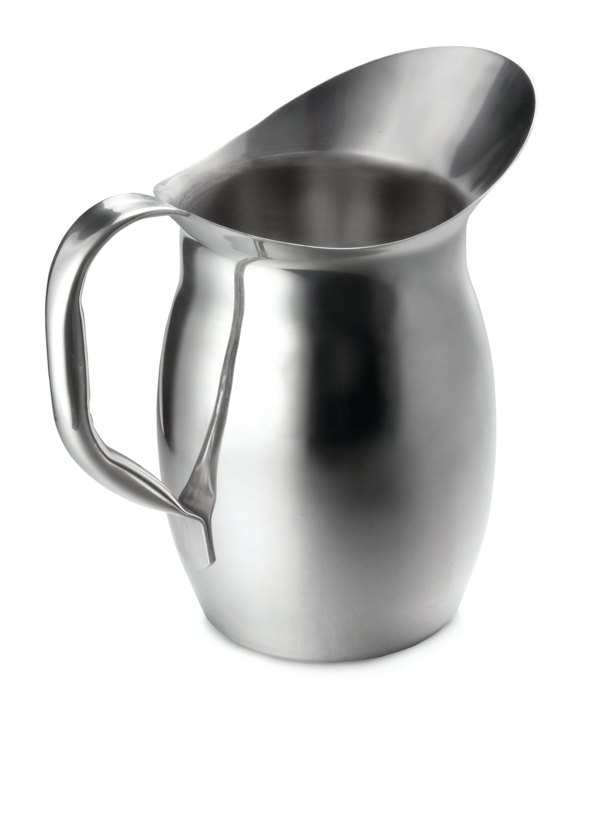 A shiny Bell Water Pitcher with a wide, rounded body, sturdy handle, and elongated curved spout sits empty on a plain white background. This stainless steel pitcher is designed for pouring liquids and is dishwasher safe.
