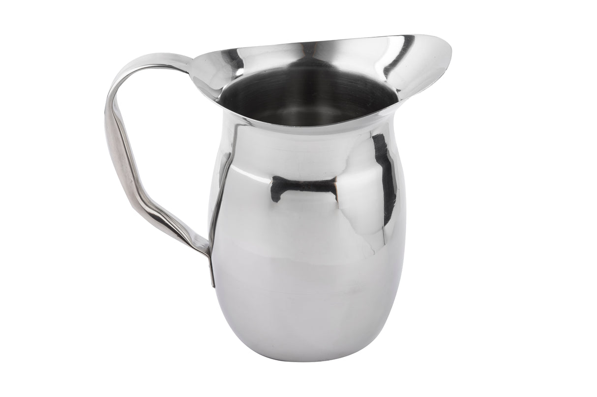 A shiny Bell Water Pitcher with a wide spout and sturdy handle. This stainless steel pitcher features a reflective surface and rounded body, and is shown on a white background. It’s also a dishwasher safe pitcher for easy cleaning.