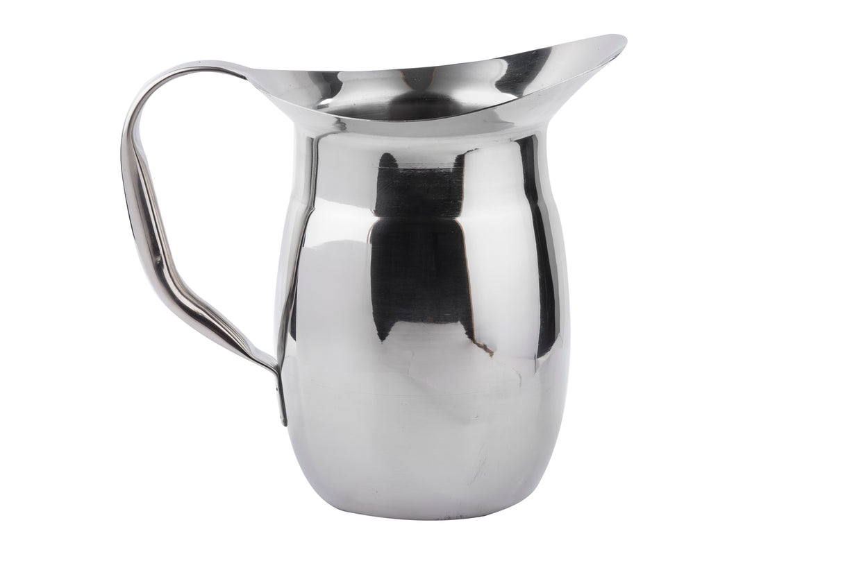 A shiny Bell Water Pitcher with a curved spout and sturdy handle is shown against a white background. The highly reflective, stainless steel pitcher boasts a modern, sleek design with smooth lines and is easy to clean as a dishwasher safe pitcher.