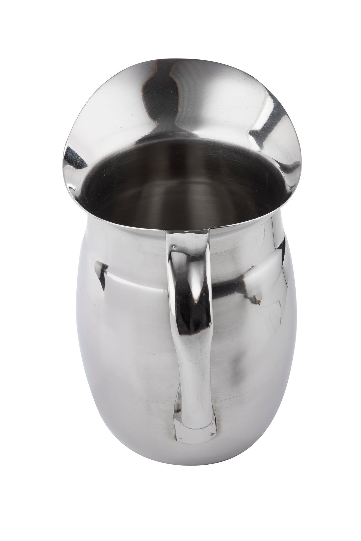 A shiny stainless steel pitcher with a wide mouth, rounded body, and sturdy handle. Its reflective surface gleams on a white background, while the smooth, curved lip of this dishwasher safe pitcher ensures effortless pouring.