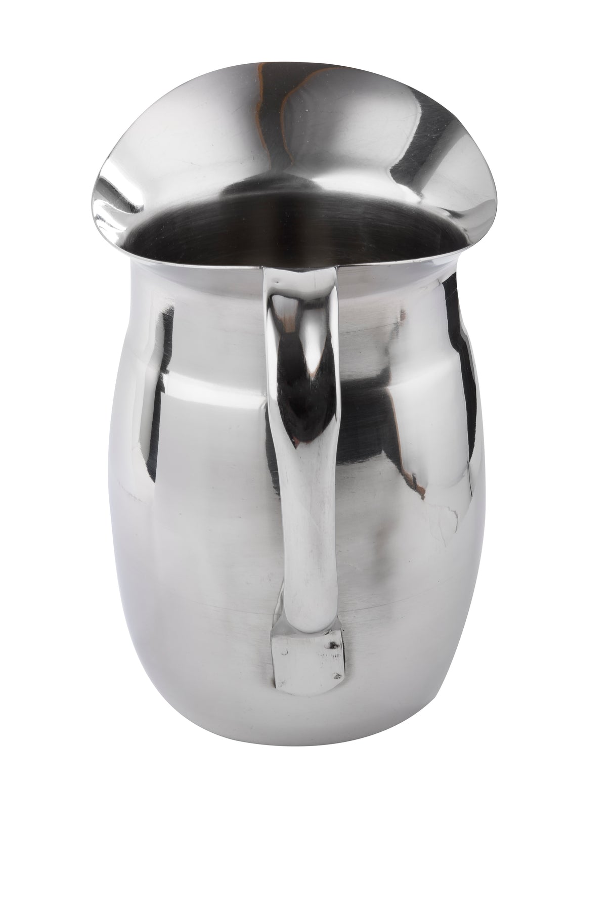 A shiny, stainless steel pitcher with a curved spout and sturdy handle is photographed against a white background. Its rounded body reflects light, highlighting the polished, metallic finish of this dishwasher safe pitcher.