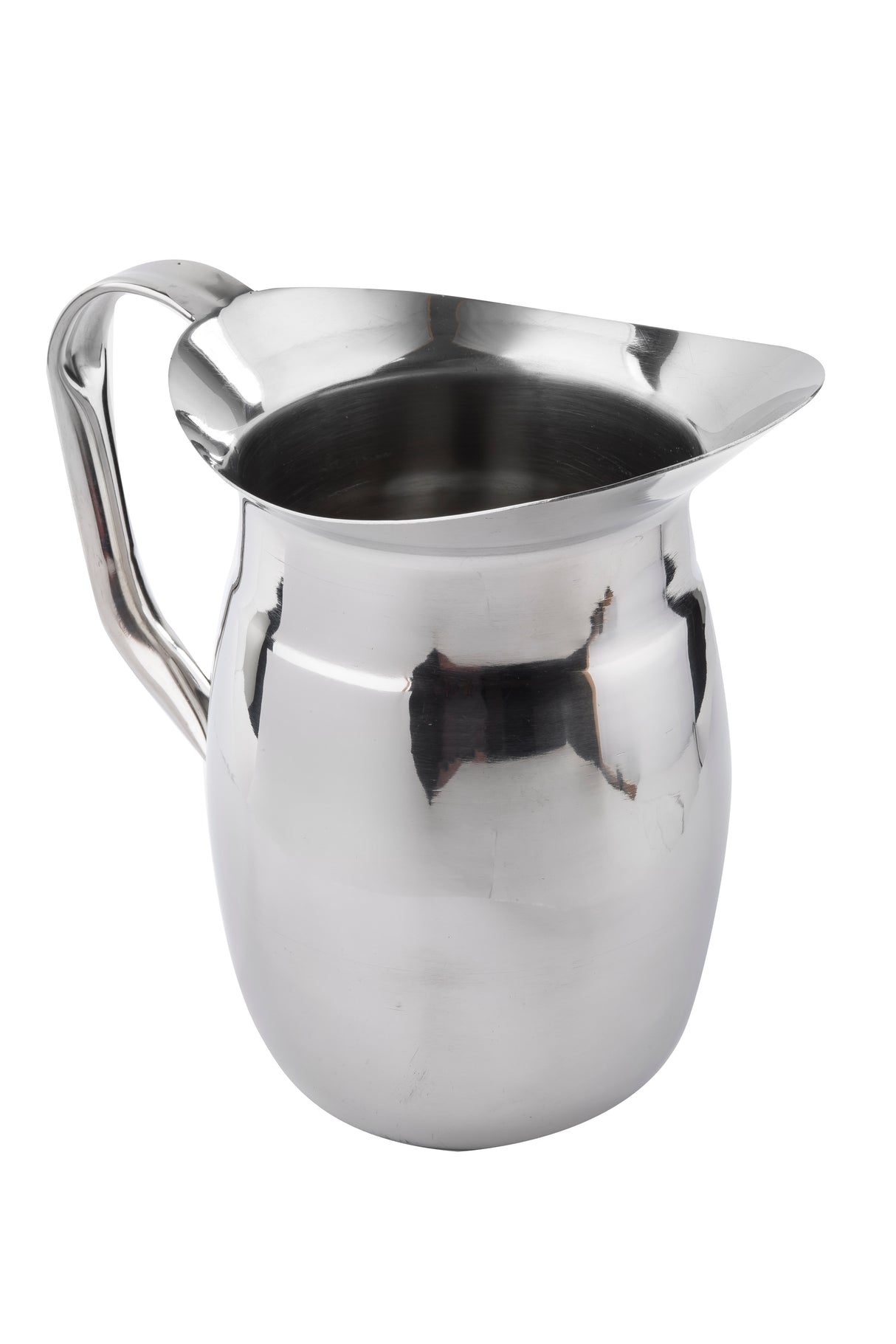 A shiny Bell Water Pitcher with a wide, rounded body, sturdy handle, and pronounced spout. This stainless steel pitcher is dishwasher safe, featuring a reflective surface with subtle highlights and shadows against a plain white background.