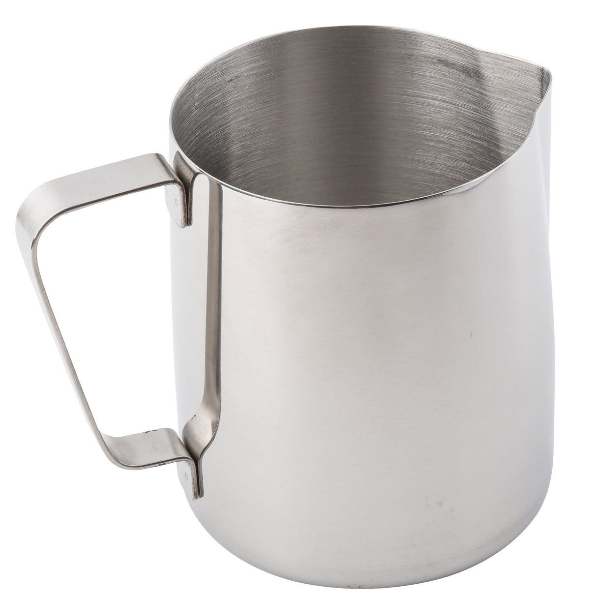 A 36 oz stainless steel frothing cup with a wide cylindrical body, an open top, a prominent angled handle on one side, and a spout for pouring on the opposite side. The smooth metal surface is highly reflective.