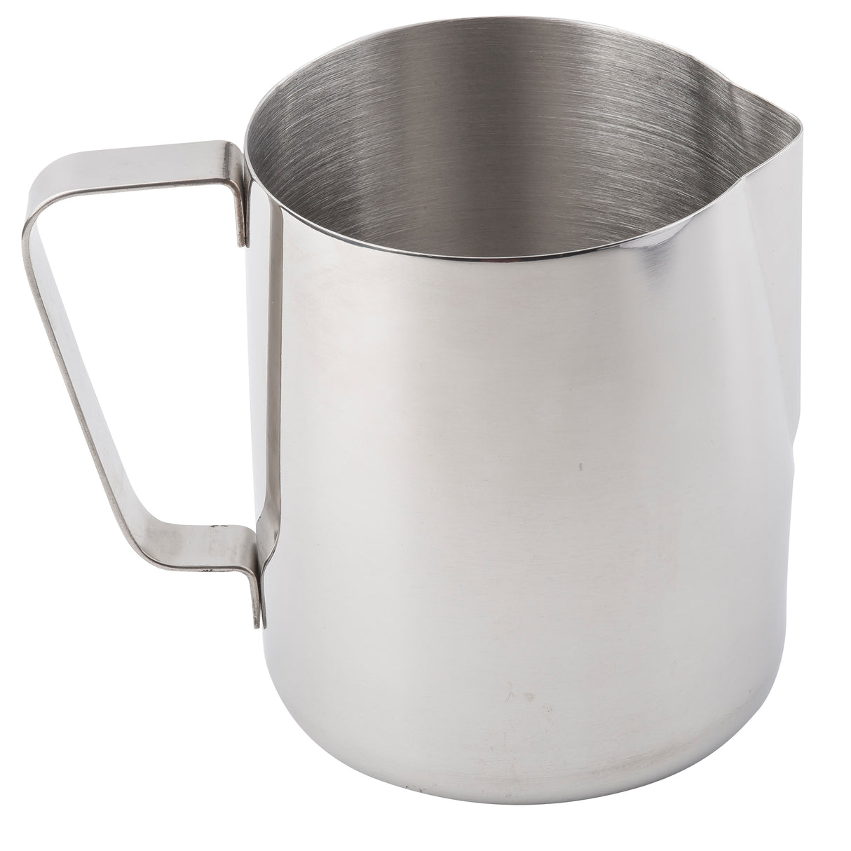 A shiny, stainless steel frothing cup with a flat handle and pointed spout, shown against a white background. The 36 oz pitcher features a smooth, reflective surface and classic cylindrical shape—perfect for expertly frothing milk.