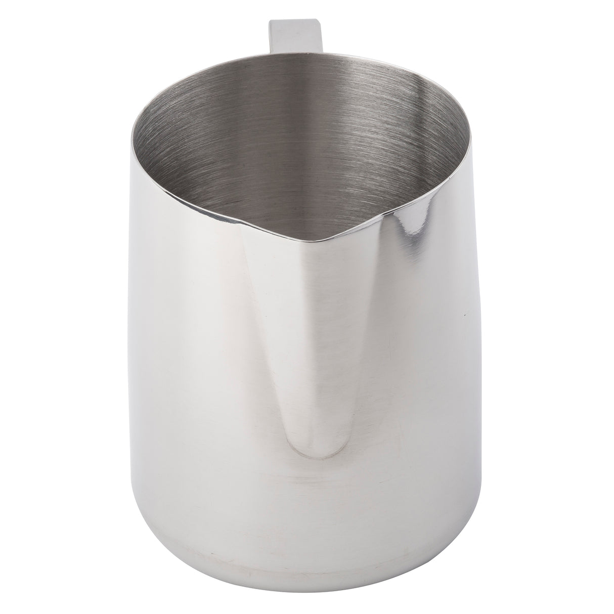 A stainless steel frothing cup with a 36 oz capacity, featuring a spout for pouring and a small handle at the back. Its brushed metallic finish shines against a white background, and the metal interior is empty.
