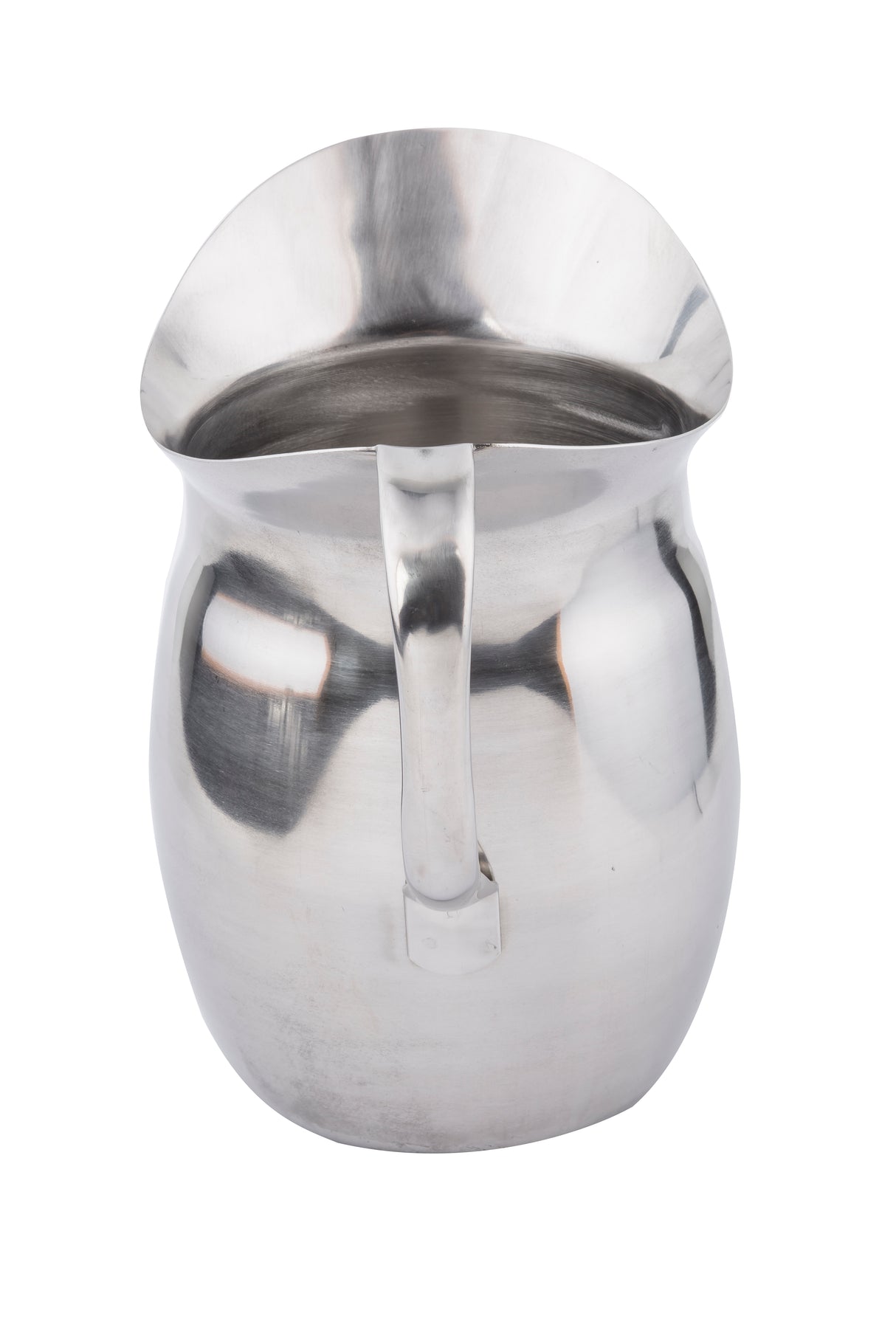 A shiny stainless steel pitcher with a wide, rounded body and curved handle, featuring a large spout for easy pouring. This Bell Water Pitcher is photographed against a plain white background and is dishwasher safe for easy cleaning.