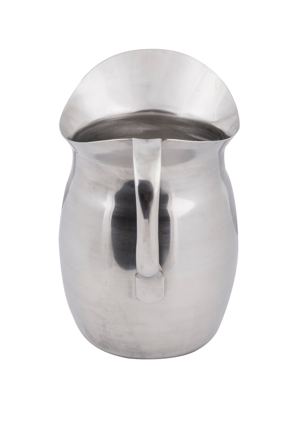A shiny, metallic Bell Water Pitcher with a curved handle and wide, flared spout. The rounded stainless steel pitcher has a smooth surface that reflects light. It is dishwasher safe and isolated on a white background.