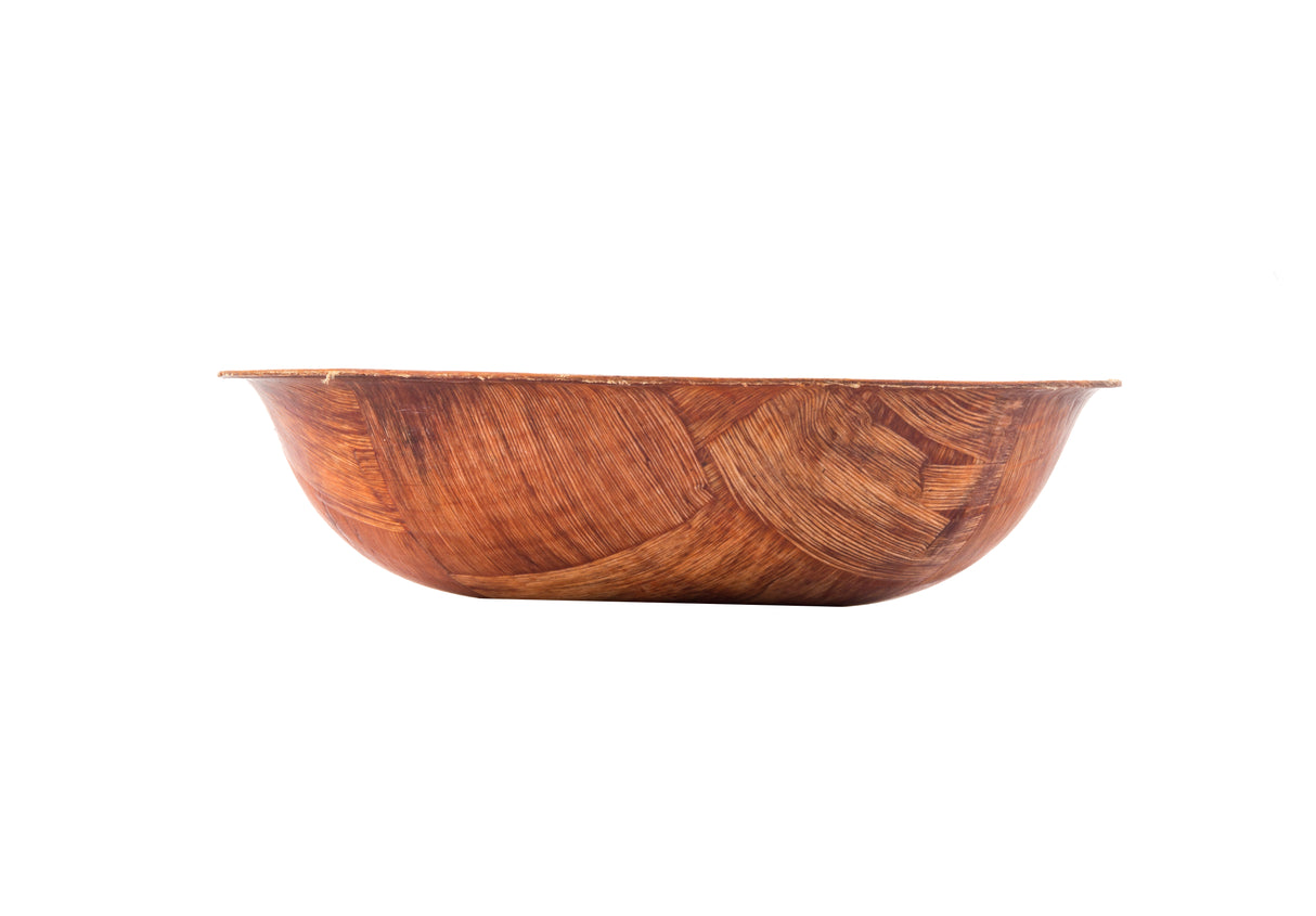 A shallow, round mahogany salad bowl with a smooth, polished surface and visible natural wood grain patterns. The bowl has gently curving sides and a wide rim, and is set against a plain white background.