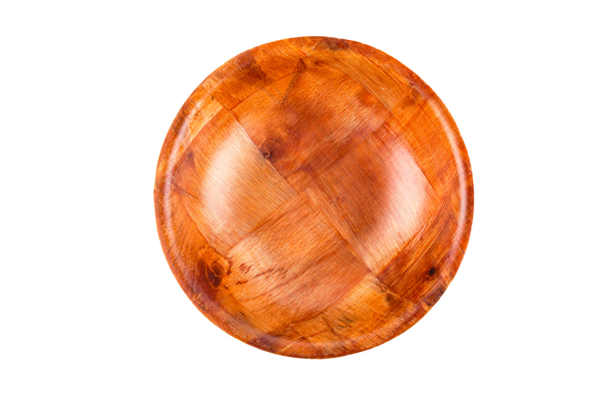 A round, empty mahogany wooden plate with a glossy finish and visible wood grain patterns, placed on a white background. The plate has a smooth surface and slightly raised edges.