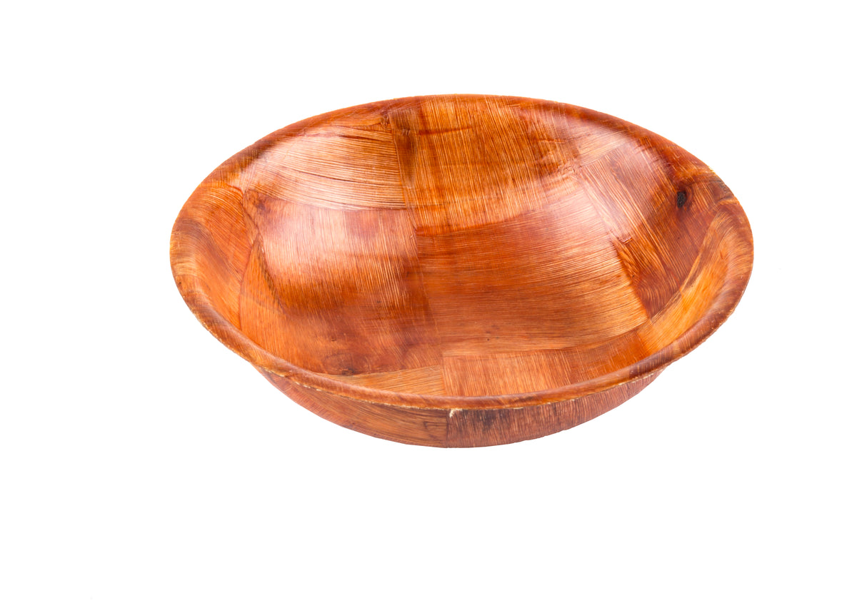 A shallow, round mahogany salad bowl with a smooth surface and visible natural wood grain patterns, placed against a plain white background. The bowl has a warm, polished finish and gently sloping sides.