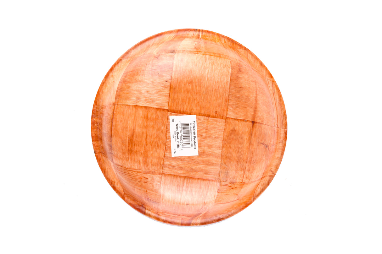 A round, mahogany wooden plate features a checkered pattern of varying wood grain shades, resembling woven wood. A white rectangular barcode sticker with black text sits in the center. The background is plain white.