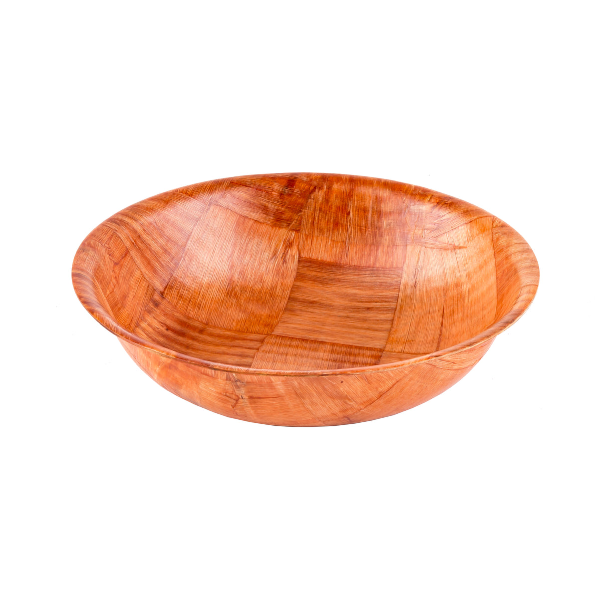 A round, shallow mahogany salad bowl with a smooth, polished surface. The warm brown color highlights visible wood grain patterns and a slightly flared rim. Set against a plain white background, the bowl's elegance stands out clearly.