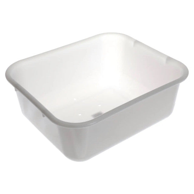 A white, rectangular plastic wash basin with rounded corners and smooth edges. The basin, similar to a compact plastic sink, has a slight shine, two small grip indentations on the rim, and no visible white drain holes, shown empty on a plain background.