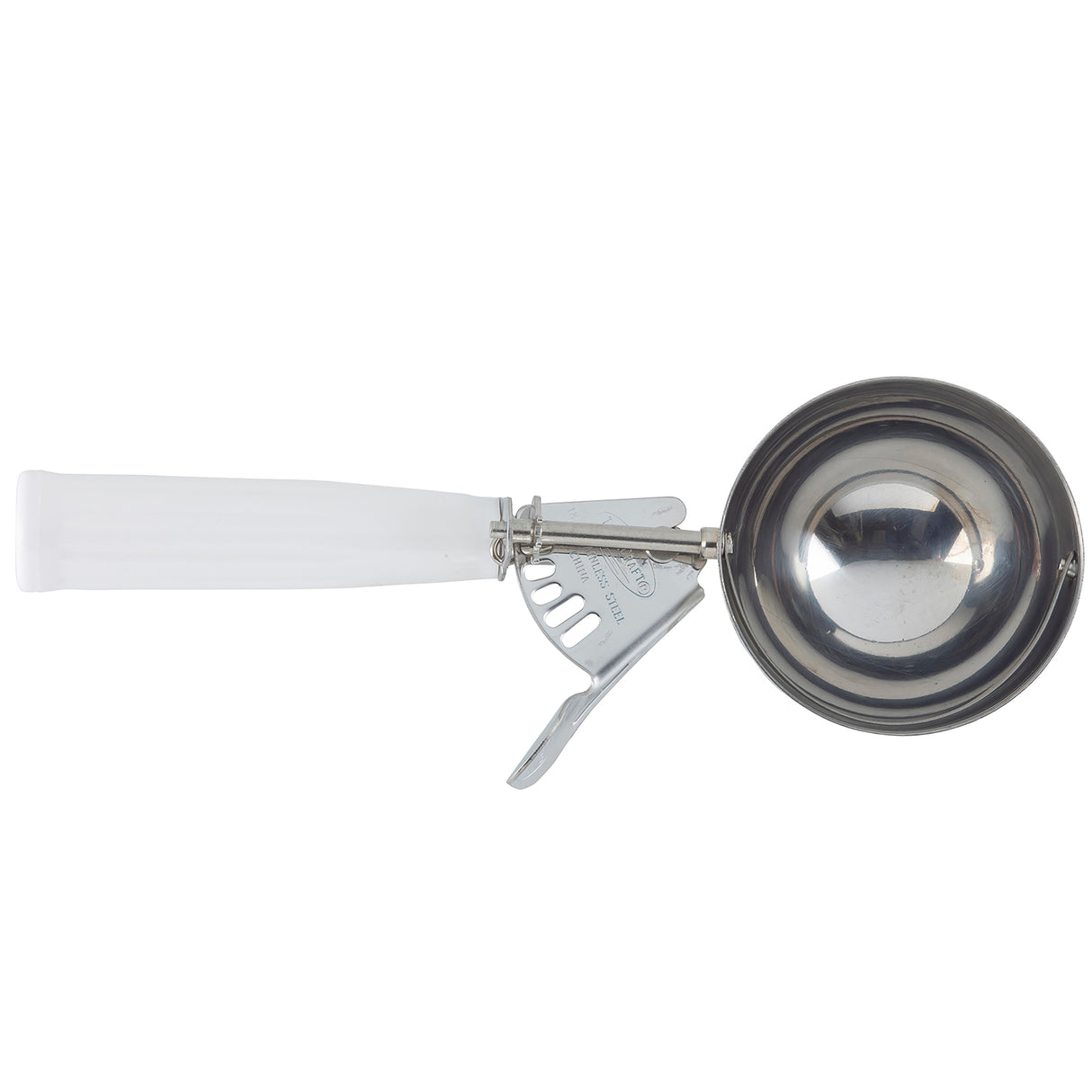 A stainless steel ice cream disher with a white plastic handle. The scoop features a mechanical lever release for easy serving and is dishwasher safe. The image is taken against a plain white background, showing a top view of the scoop.