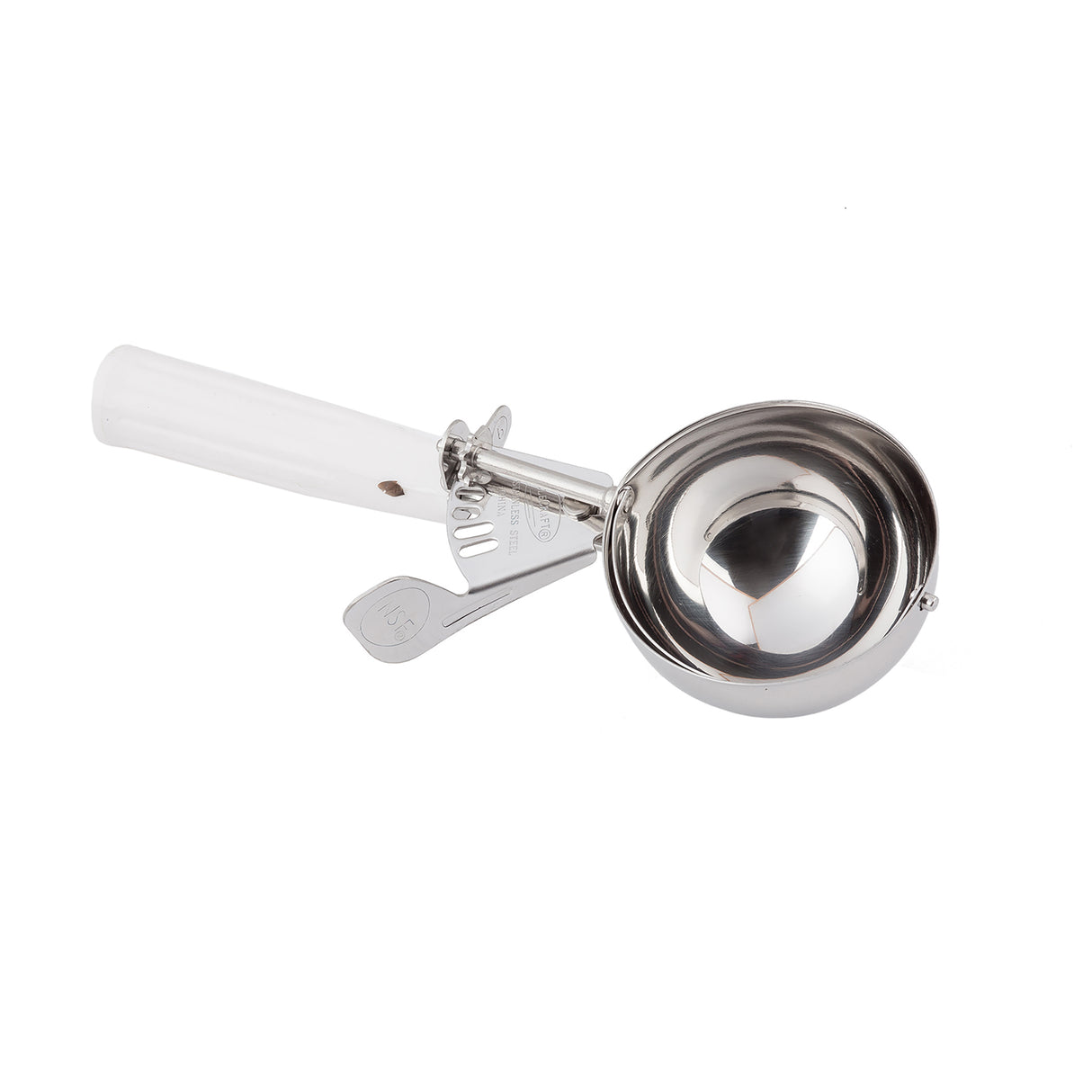 A stainless steel ice cream disher with a mechanical lever for easy release. The scoop features a round, deep bowl and a sturdy handle with a thumb-operated trigger. The handle is partly white, and the shiny surface is dishwasher safe.