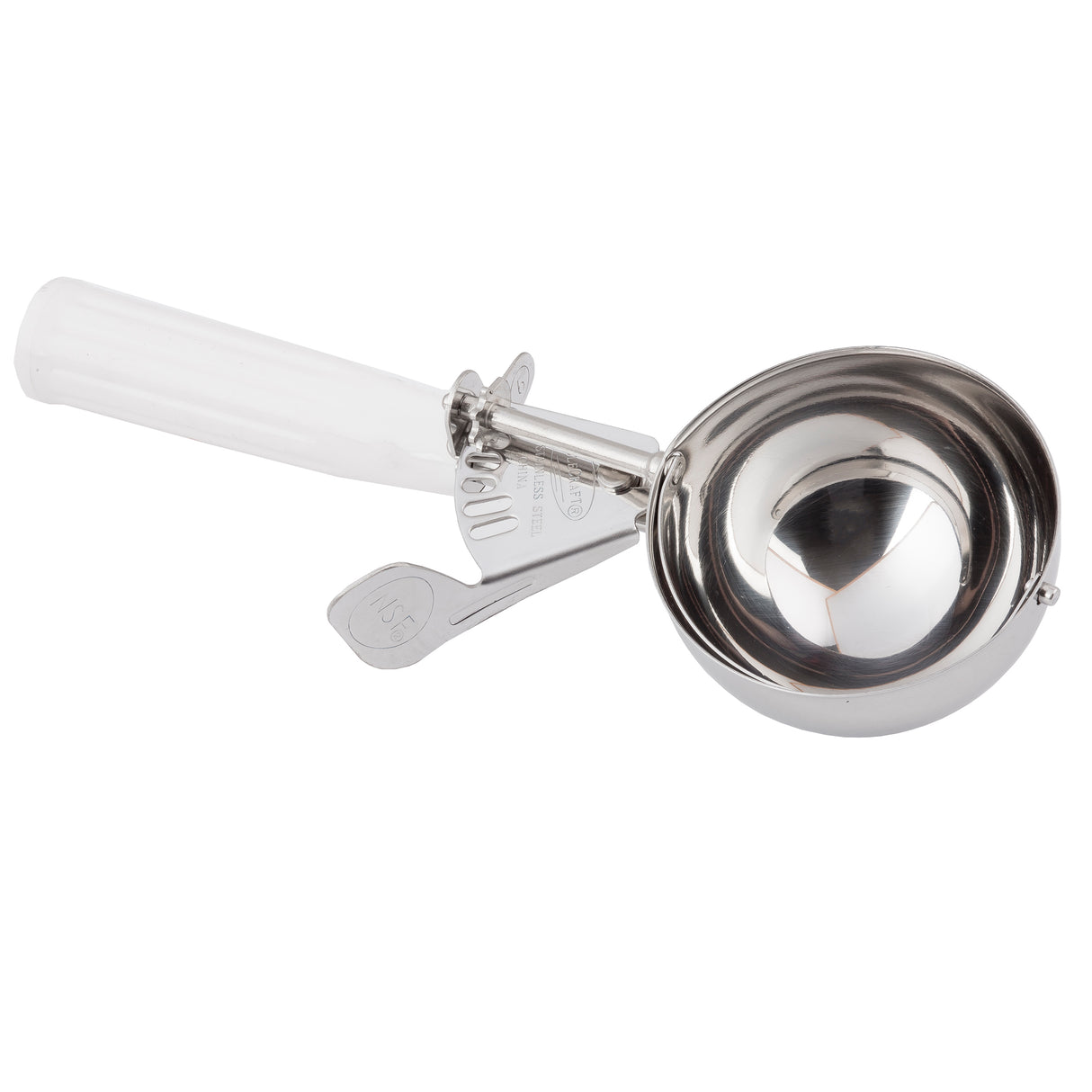 A stainless steel ice cream disher with a clear handle and a spring-loaded mechanism for easy release. Its shiny, round bowl and small metal tab labeled 16 make it both functional and stylish—and it’s dishwasher safe for easy cleaning.