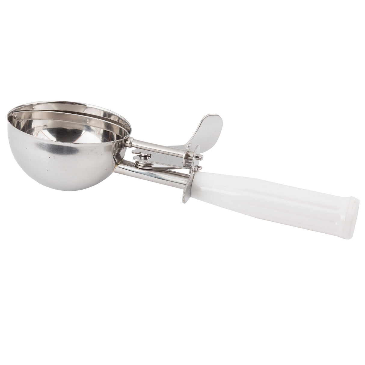 A stainless steel disher with a round metal bowl and white plastic handle. The scoop features a squeeze handle mechanism and metal lever for easy release. Dishwasher safe, with a plain white background.
