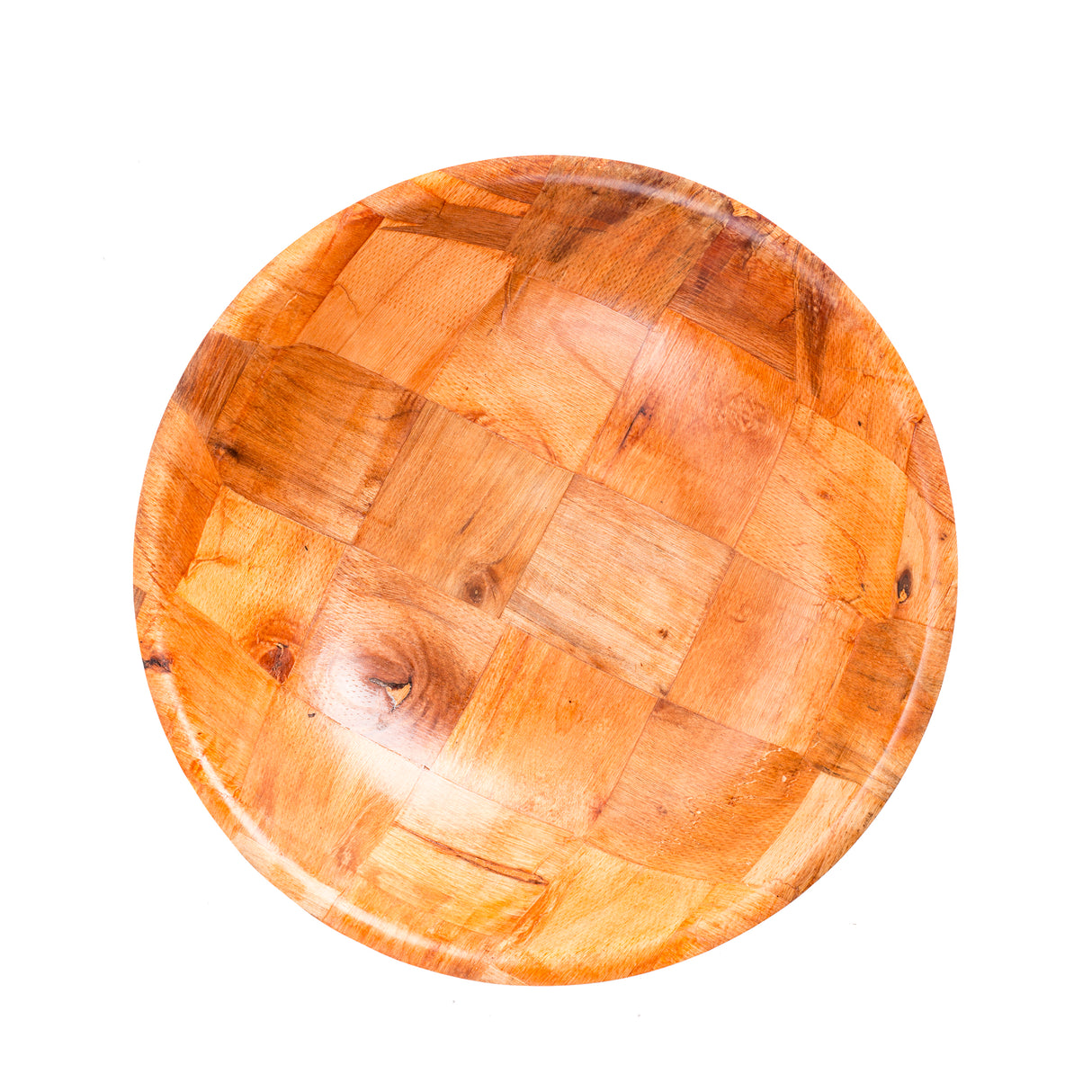 A round, shallow wooden plate with a glossy finish and a checkered pattern made from light and medium brown woven wood pieces. The plate is empty and photographed from above on a white background.