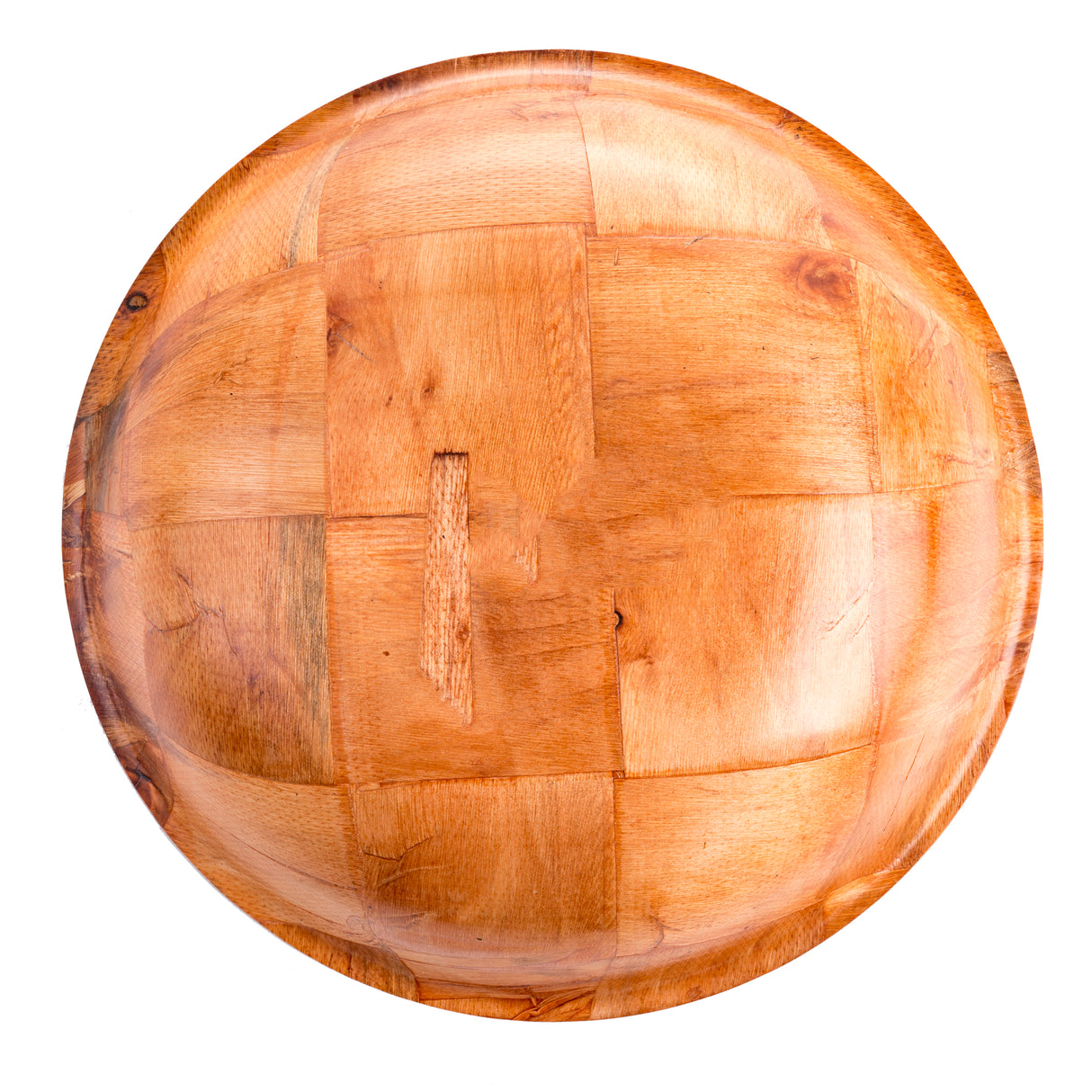 A round, light brown wooden salad bowl with a glossy finish features a patchwork pattern of woven wood grain squares. Photographed from above against a white background, it highlights its smooth surface and natural wood textures.