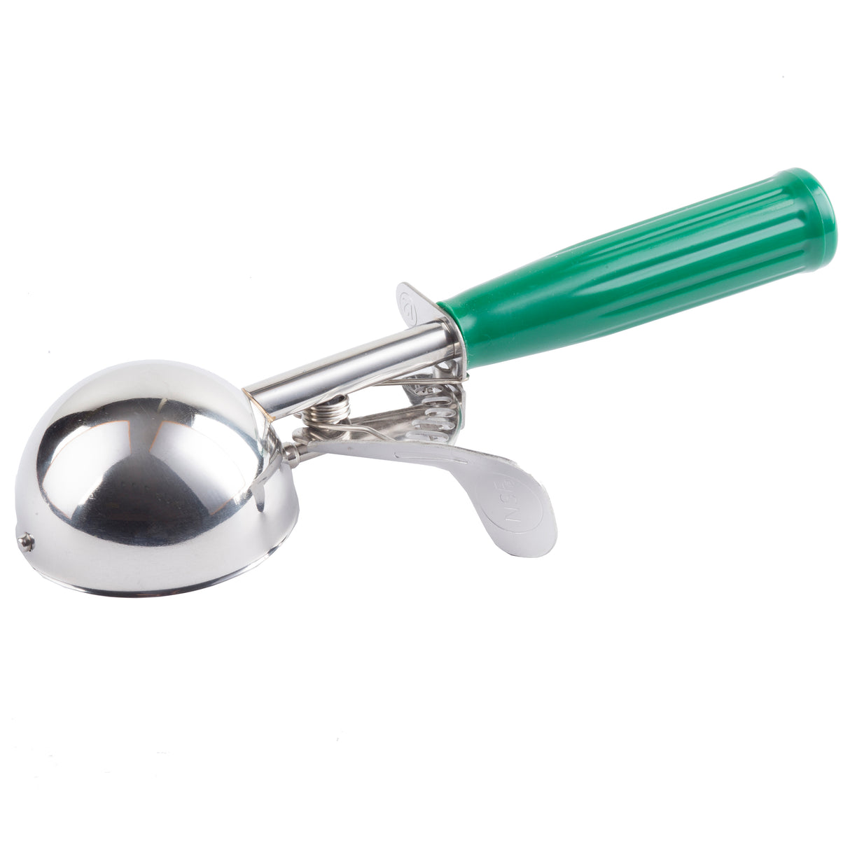 A metal ice cream scoop with a shiny, stainless steel bowl and a bright green, ribbed handle. The scoop has a lever mechanism for easy release, featuring a metal trigger under the handle. The background is plain white.