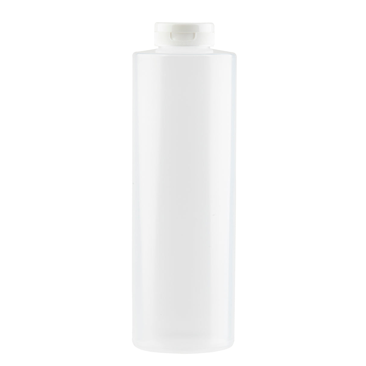 A tall, cylindrical, translucent white plastic 24 oz squeeze bottle with a white flip-top cap is centered against a plain white background. The bottle is empty and unlabelled, featuring smooth sides and a simple, minimalist design.