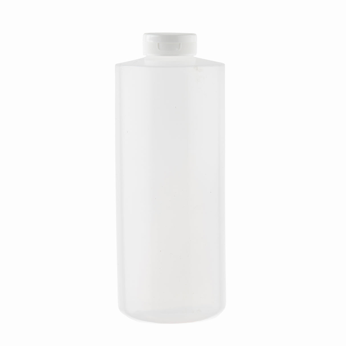A clear, 32 oz cylindrical Squeeze Bottle with a white screw-on cap stands upright against a plain white background. The bottle is empty, has smooth sides without labels, and is dishwasher safe for easy cleaning.