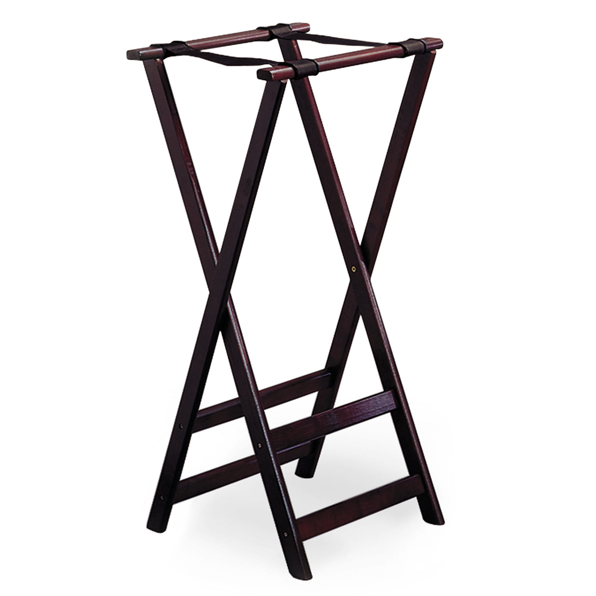 A dark wooden luggage rack with a mahogany finish features an X-frame design, two horizontal support bars on top, and horizontal braces at the bottom for stability. The flat, open top is ideal for suitcases or bags. The rack stands upright on a white background.