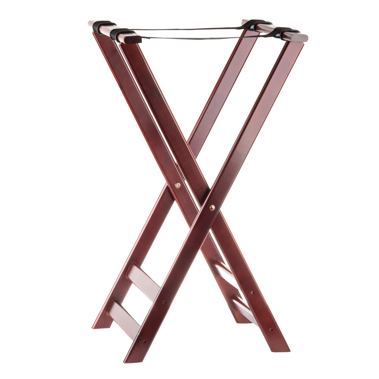 A dark wood tray stand with a rich mahogany finish, featuring crossed legs and slip-proof black nylon straps on top for holding suitcases. The rack is standing open on a white background.