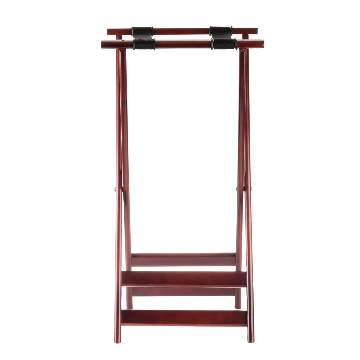 A wooden sword stand with a rich mahogany finish, featuring two horizontal bars supported by vertical legs. The top bar has black, slip-proof holders for securing swords. Its simple, elegant design is photographed against a white background.