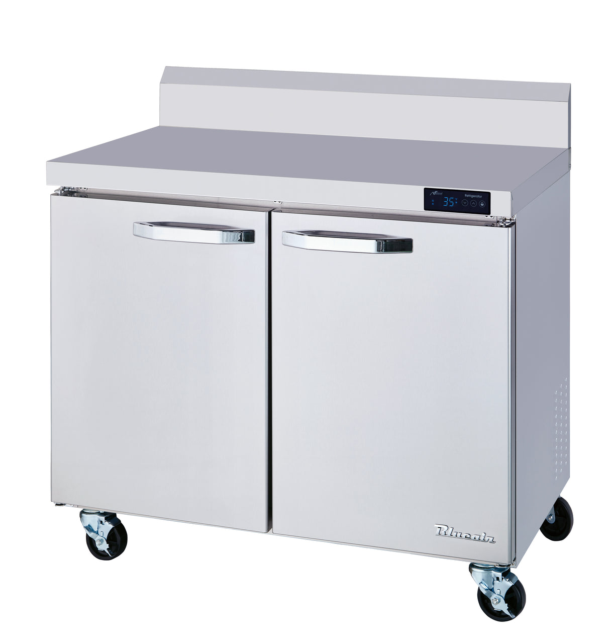 A two-section stainless steel refrigerated work top with two doors, digital temperature display, metal handles, backsplash, and four caster wheels. Its smooth, reflective exterior is branded “Rhinair” in the lower right corner.