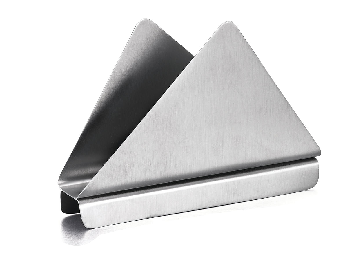 A brushed stainless steel napkin holder with two triangular sides and a flat base, designed to keep napkins upright. The smooth, shiny surface reflects light, and the holder is photographed against a plain white background.