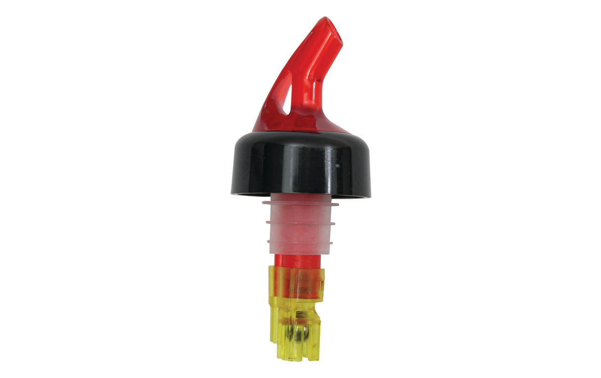 The Proper Pour BPA free liquor bottle spout features a red angled spout, black collar, pink translucent insert, and yellow base. This 1-1/2 oz. pourer dispenses measured portions—perfect for bars or home bartending.